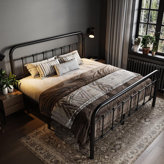 Queen Metal Bed Frame with Victorian Iron-Art Headboard