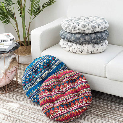 Bohemian Round Floor Cushion – Thick Cotton Linen Futon Pillow with Blue Floral Pattern, Perfect for Yoga, Meditation, Bay Window Seating, or Cozy Living Room Decor