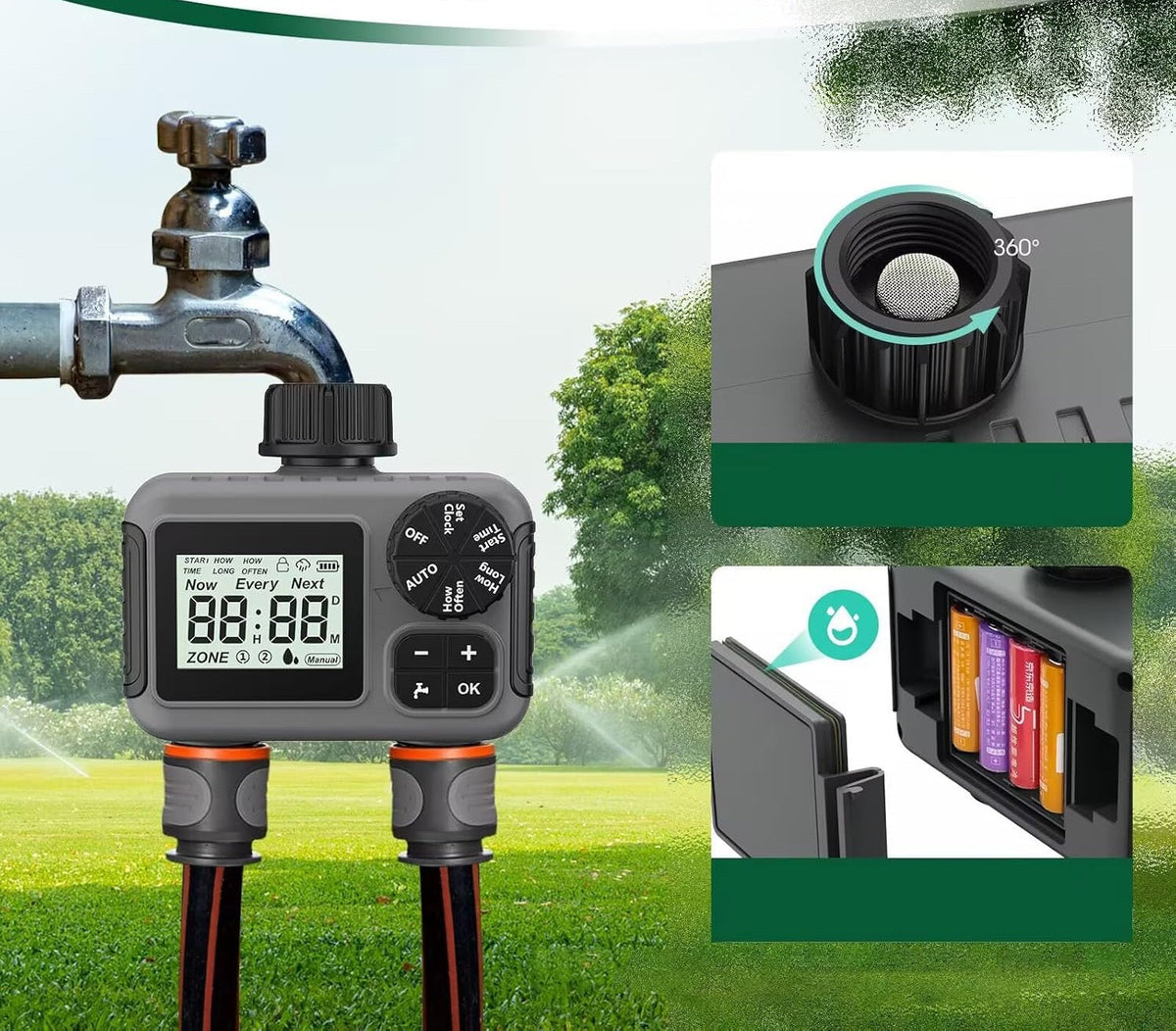 Dual-Outlet Automatic Water Timer – 3/4" IPX5 Smart Irrigation Controller with Programmable Schedule for Garden & Lawn Care