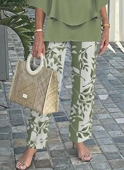 Elegant Women’s Ruffle Printed Suit Set – Flare Sleeve Blouse and Printed Pants Combo with Feminine Details for Chic Spring Style and Daytime Sophistication