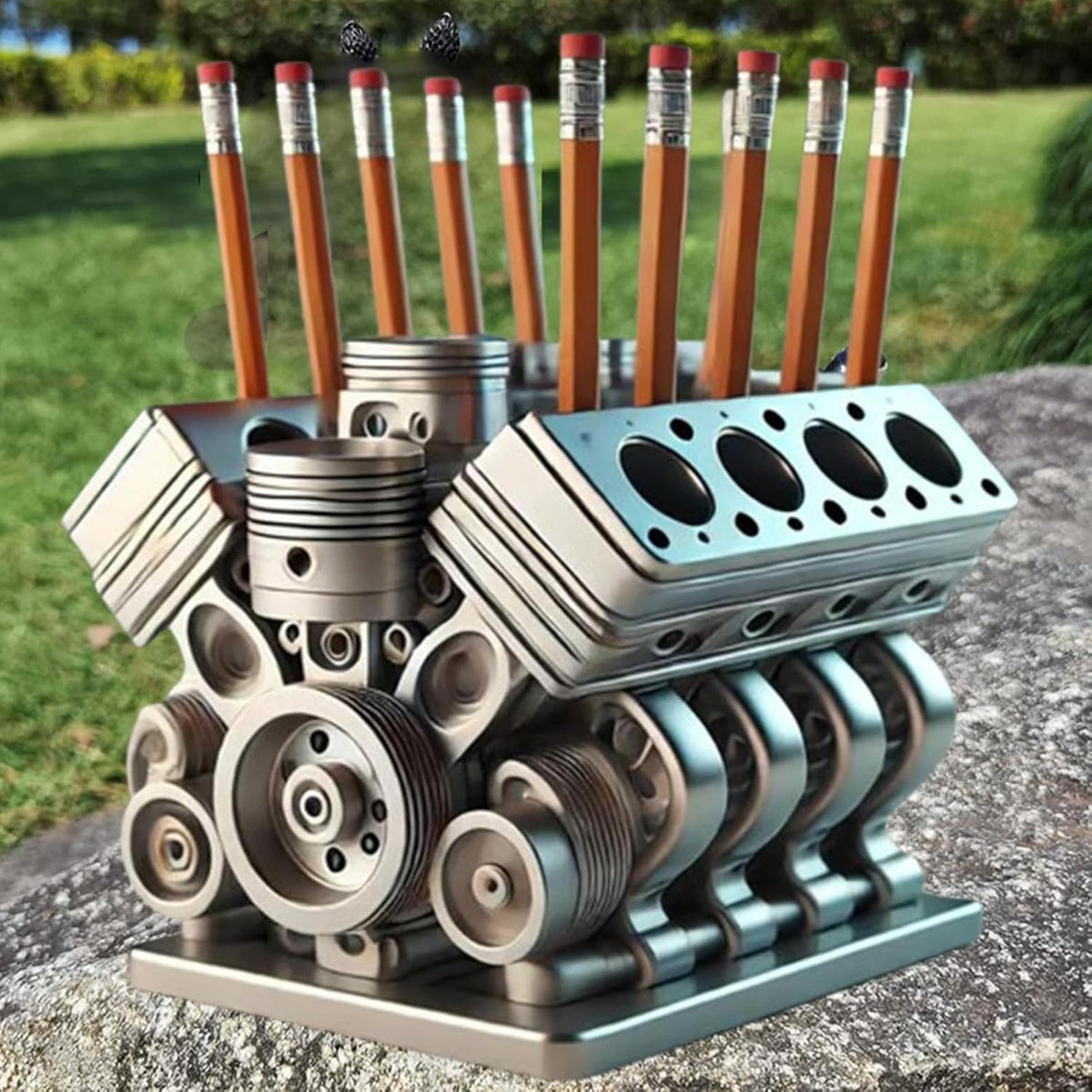 Creative V8 Engine Pen Holder - Eye-Catching Desk Ornament for Gearheads, Office Fun & Unique Gift Idea for Men