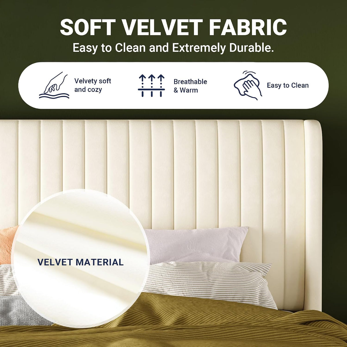Queen Size Velvet Bed Frame | Vertical Channel Tufted Wingback Headboard