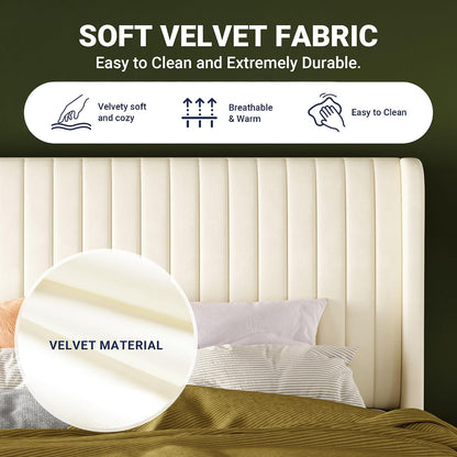 Queen Size Velvet Bed Frame | Vertical Channel Tufted Wingback Headboard