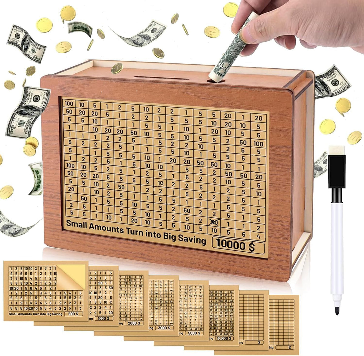 Wooden Cash Vault Savings Box – Secure Adult Money Bank with Target Tracker & Numbered Goal Display