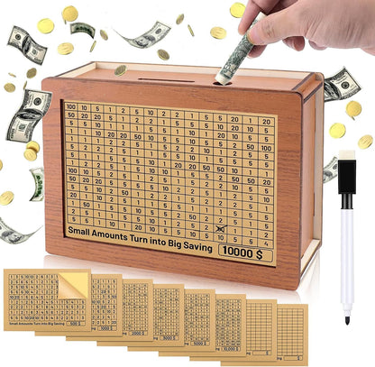 Wooden Cash Vault Savings Box – Secure Adult Money Bank with Target Tracker & Numbered Goal Display
