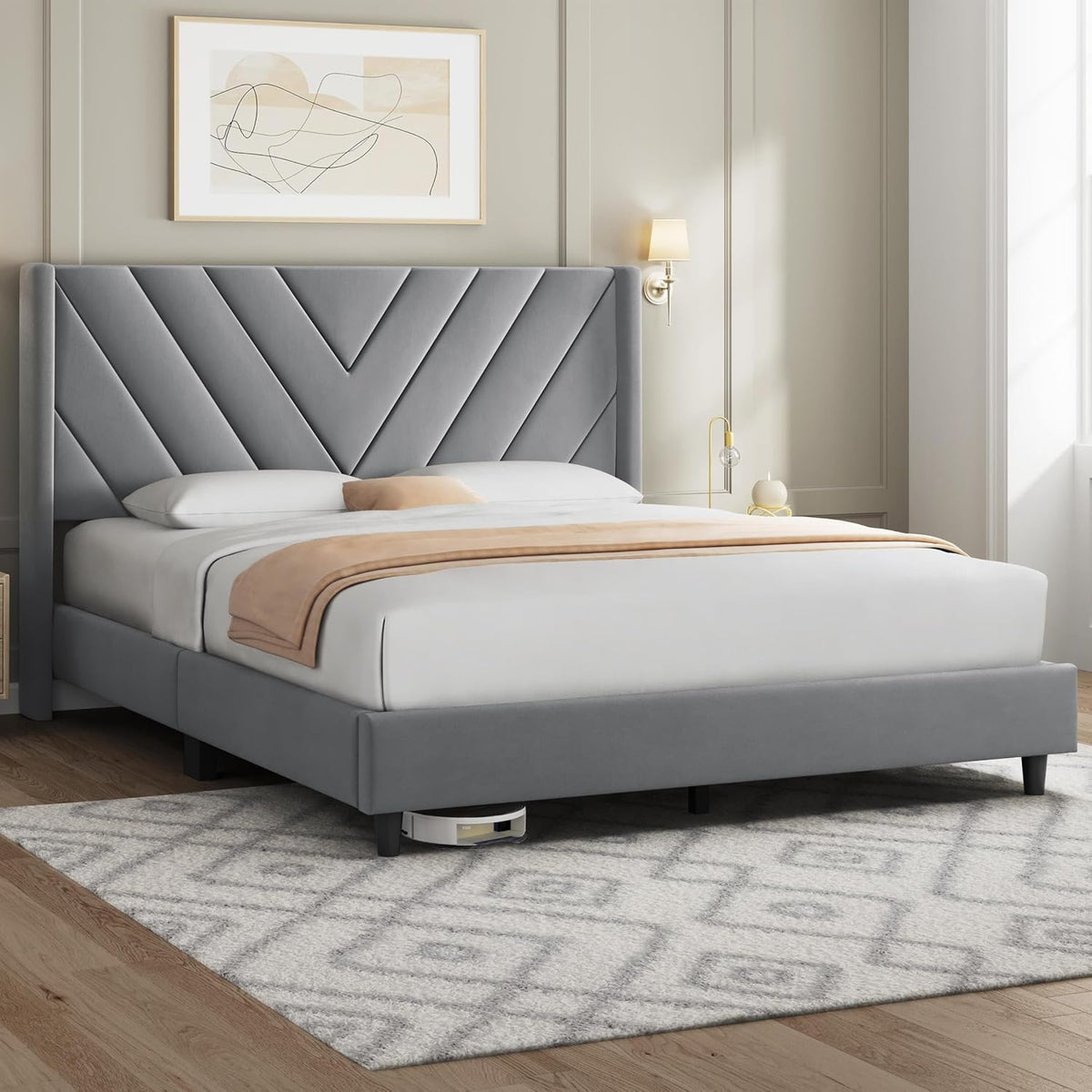 Queen Bed Frame with Chevron Channel-Tufted Headboard
