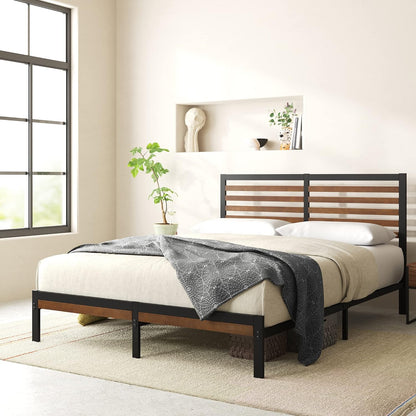 Bamboo and Metal Platform Bed Frame, Sturdy Steel Frame