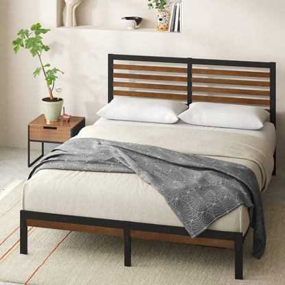 Bamboo and Metal Platform Bed Frame, Sturdy Steel Frame