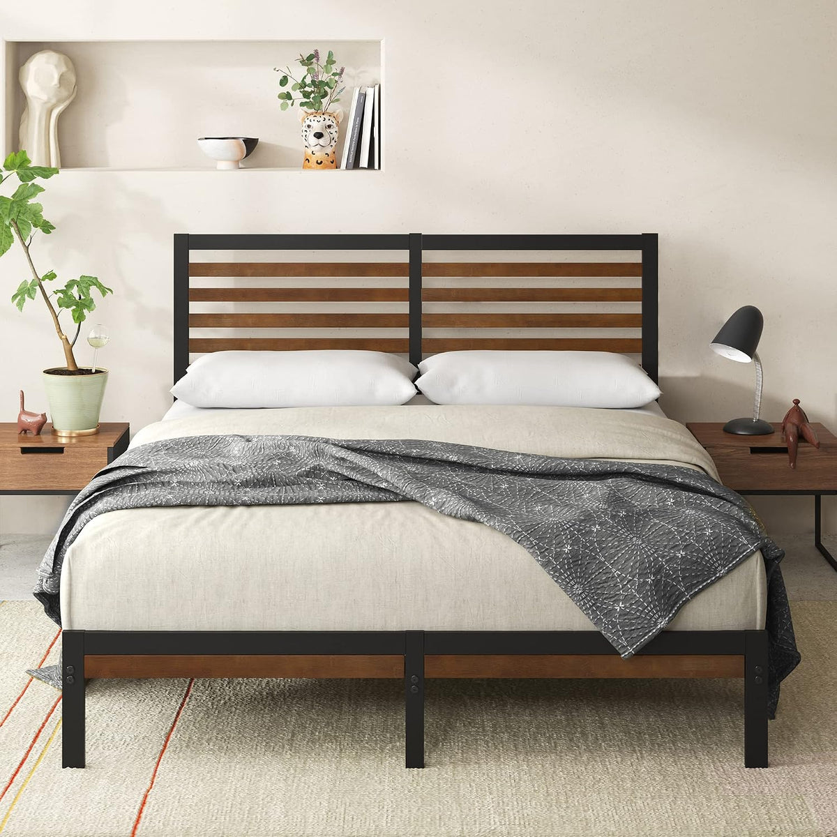 Bamboo and Metal Platform Bed Frame, Sturdy Steel Frame