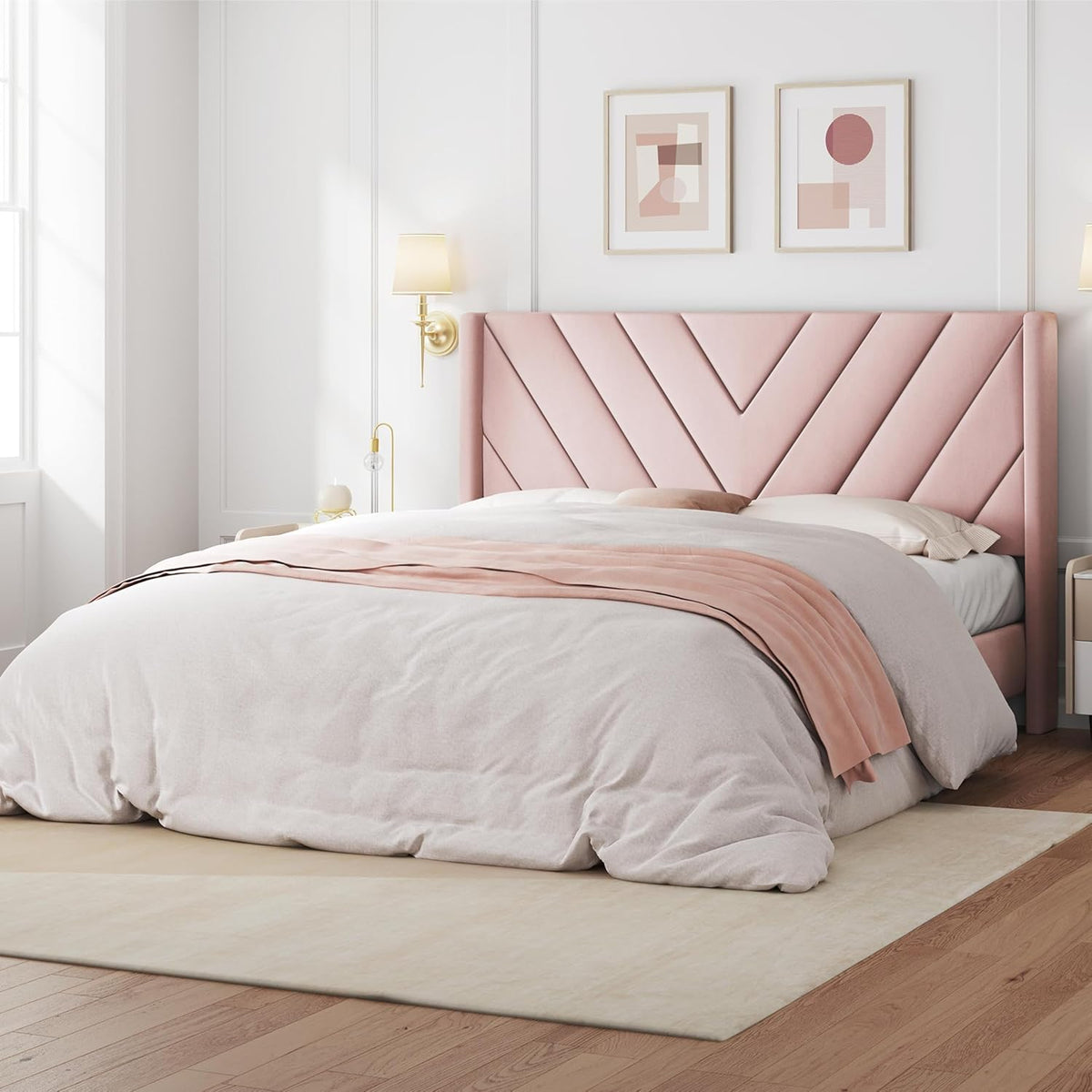 Queen Bed Frame with Chevron Channel-Tufted Headboard