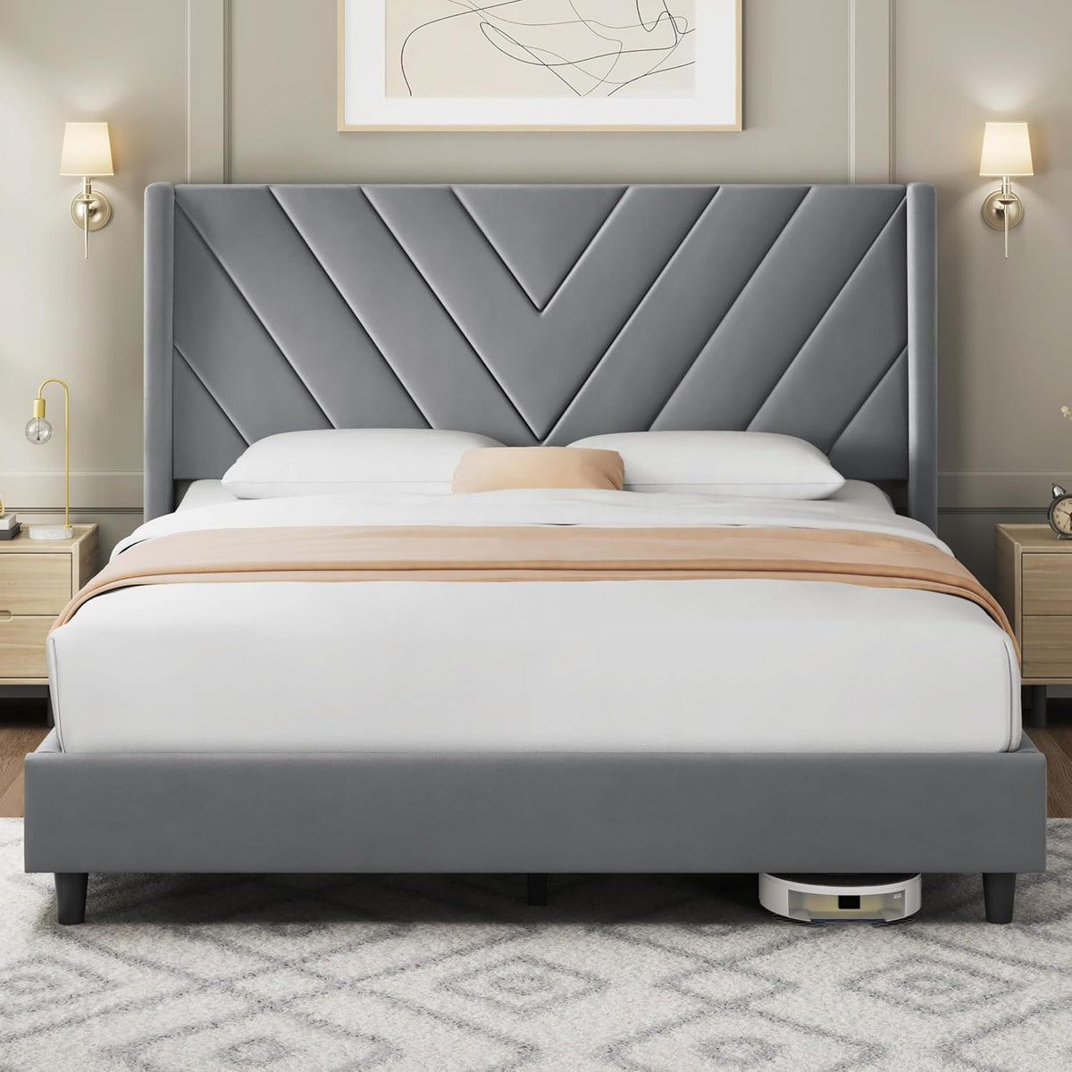 Queen Bed Frame with Chevron Channel-Tufted Headboard