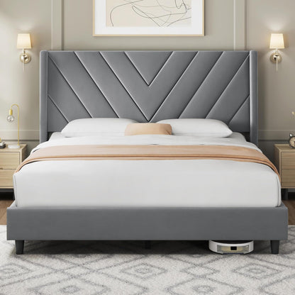 Queen Bed Frame with Chevron Channel-Tufted Headboard