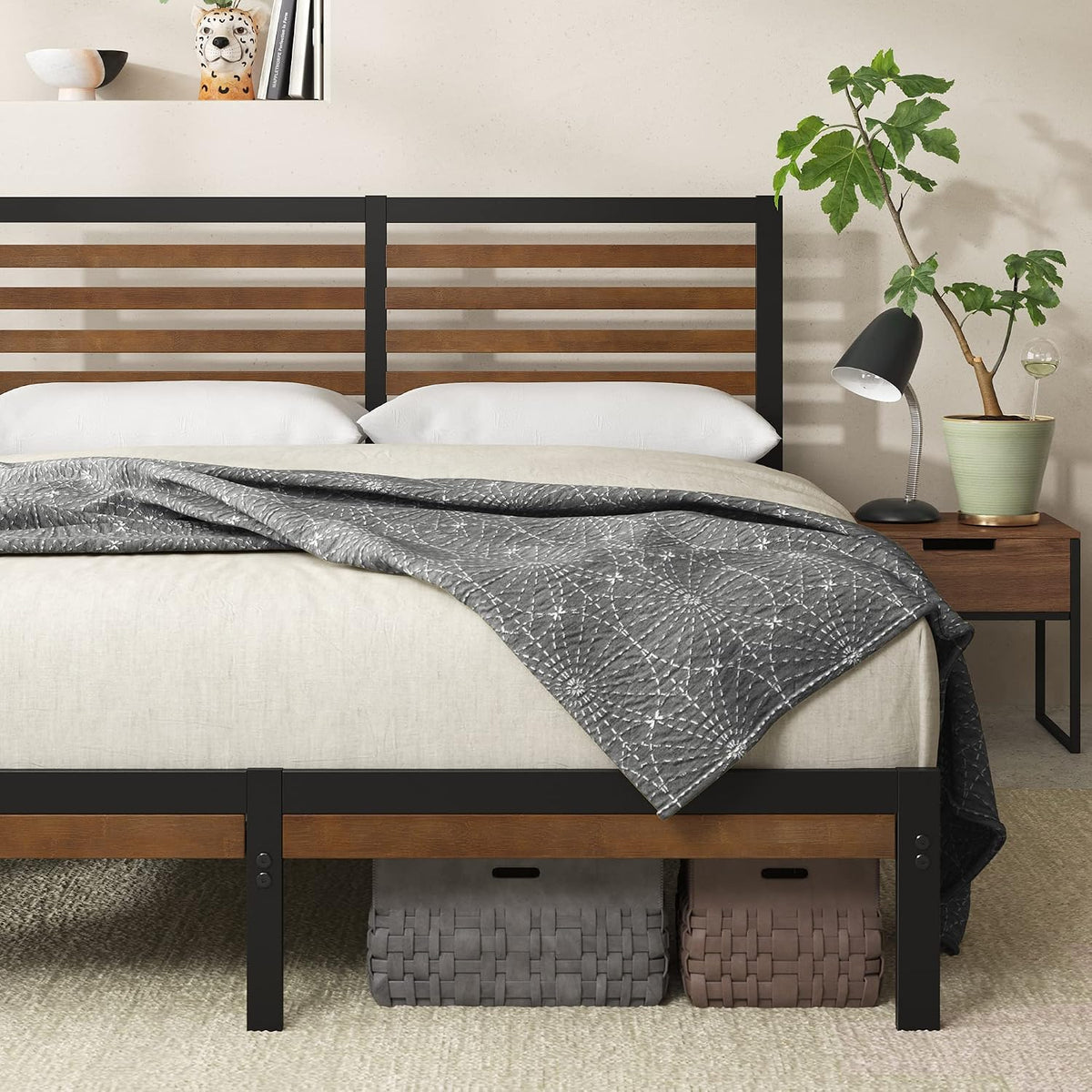 Bamboo and Metal Platform Bed Frame, Sturdy Steel Frame