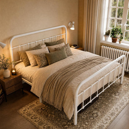 Queen Metal Bed Frame with Victorian Iron-Art Headboard