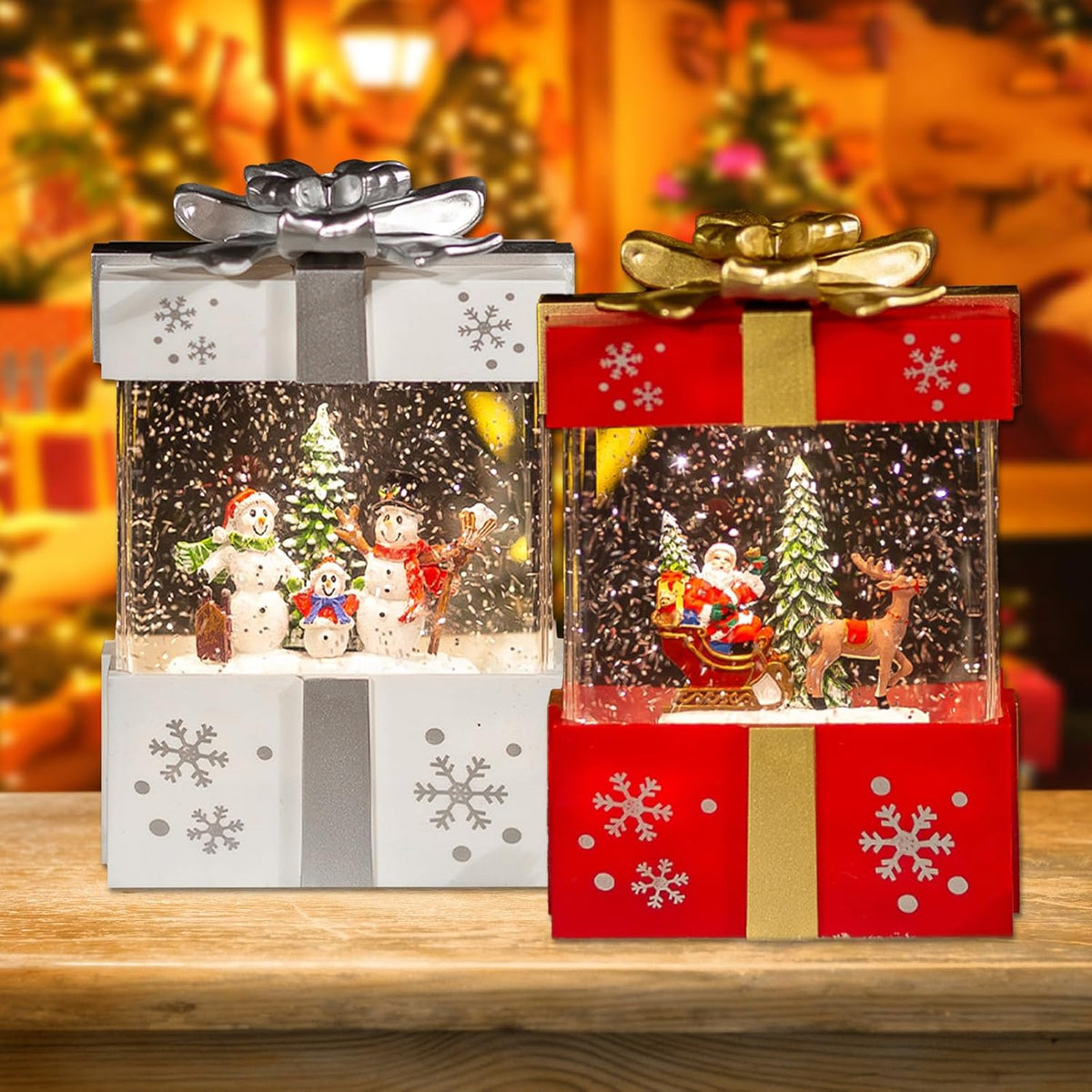 Christmas Popcorn Scene Music Gift Box – Rotating Santa Village Decor, Light-Up Table Ornament for Kids, Parties & Festive Homes
