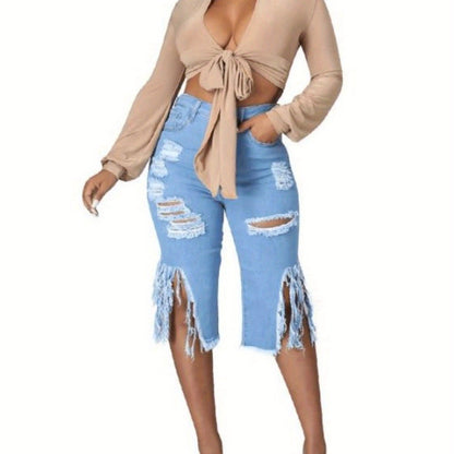 Trendy Distressed Denim Shorts – Women’s Fringe Hem Jean Shorts for Casual Summer Streetwear and Festival Outfits