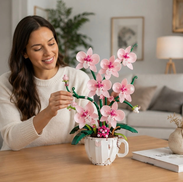 Orchid Coffee Cup Building Blocks – DIY Flower Brick Decoration for Home Desk Display and Creative Gift Giving