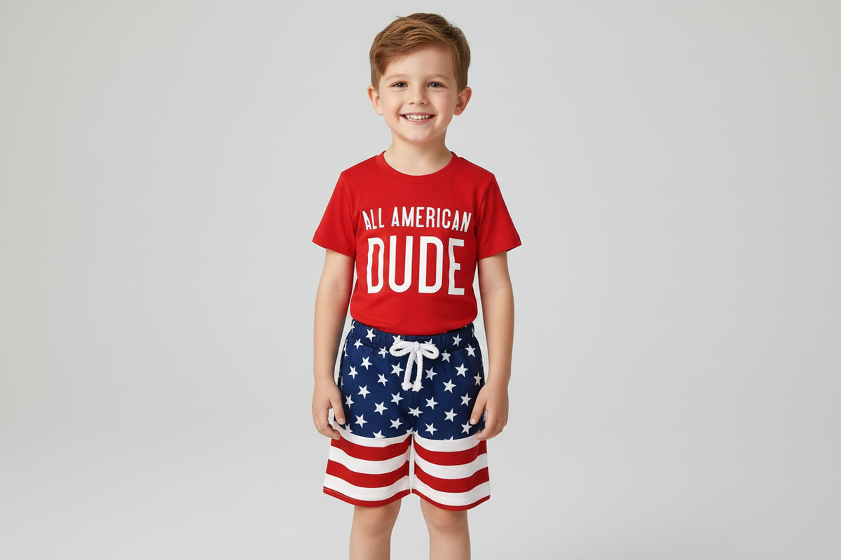 All-American Dude Baby Boys’ 2-Piece 4th of July Set – Red Patriotic T-Shirt & Stars-and-Stripes Shorts for Summer Independence Celebrations