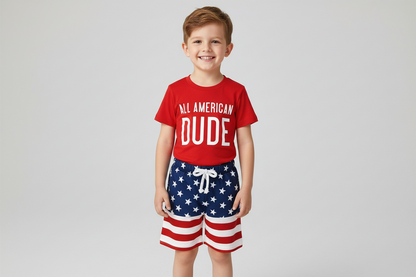 All-American Dude Baby Boys’ 2-Piece 4th of July Set – Red Patriotic T-Shirt & Stars-and-Stripes Shorts for Summer Independence Celebrations