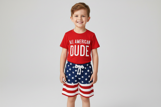All-American Dude Baby Boys’ 2-Piece 4th of July Set – Red Patriotic T-Shirt & Stars-and-Stripes Shorts for Summer Independence Celebrations