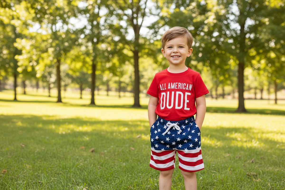 All-American Dude Baby Boys’ 2-Piece 4th of July Set – Red Patriotic T-Shirt & Stars-and-Stripes Shorts for Summer Independence Celebrations