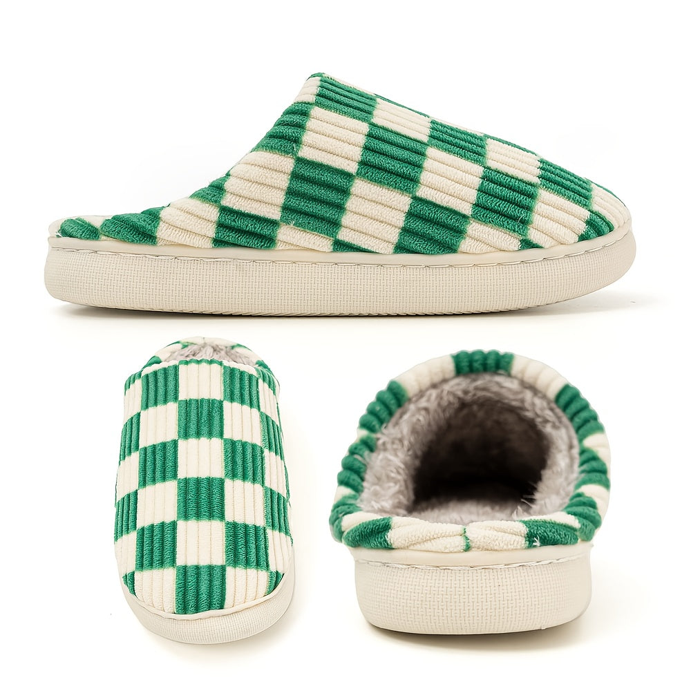 Women’s Plush Winter House Slippers – Warm Checkered Faux Fur Indoor Outdoor Non-Slip Bedroom Shoes