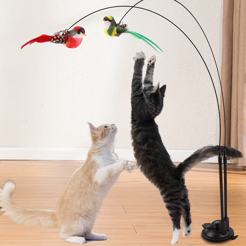Interactive Cartoon Cat Toy Set with Feather Rod, Bell & Adhesive Base – Fun & Stimulating Toy for Cats with Birds & Polyester Accessories