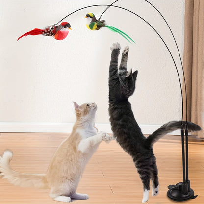 Interactive Cartoon Cat Toy Set with Feather Rod, Bell & Adhesive Base – Fun & Stimulating Toy for Cats with Birds & Polyester Accessories