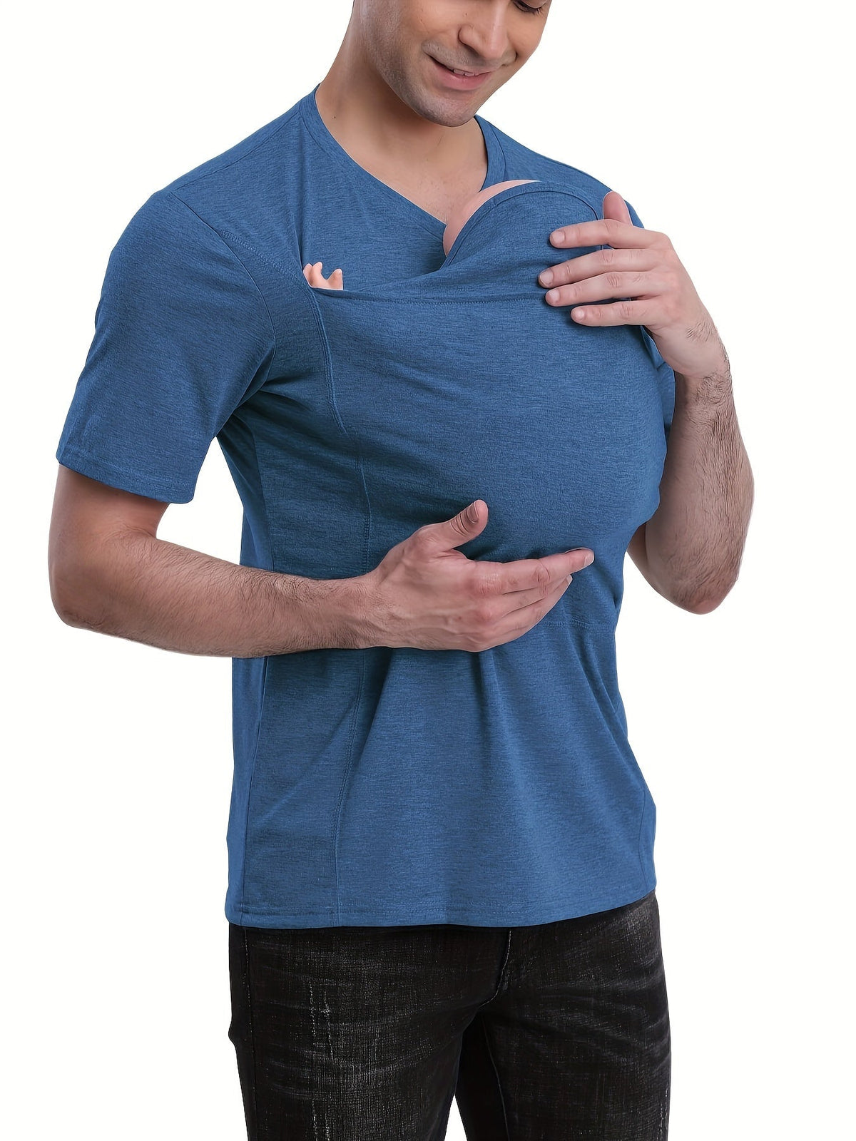 Men’s V-Neck Short Sleeve T-Shirt with Stylish Kangaroo Pocket – Breathable Polyester Blend Ideal for Everyday Casual Streetwear