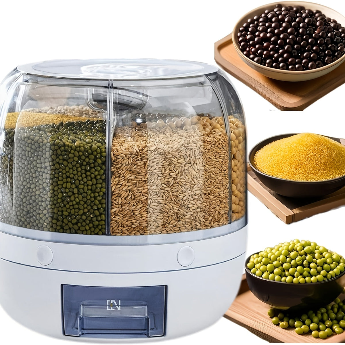 Large Capacity 6-Compartment Grain Dispenser – Airtight 360 Degrees Rotating Rice Bin for Cereals, Flour, Pet Food & Snack Storage