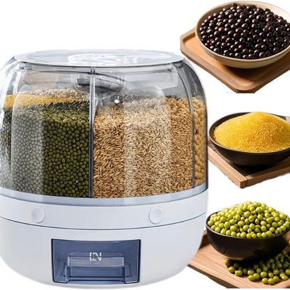 Large Capacity 6-Compartment Grain Dispenser – Airtight 360 Degrees Rotating Rice Bin for Cereals, Flour, Pet Food & Snack Storage