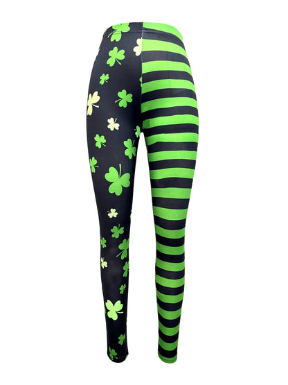 Striped Clover Print Women’s Leggings – Knit Jeggings for St. Patrick’s Day with Soft Fit & Stretch for Spring/Fall Comfort Style