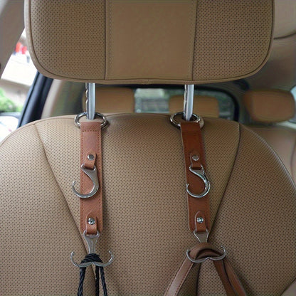 Faux Leather Car Seat Hooks – 2pcs Multi-Function Durable Headrest Hangers for Bags, Groceries, and Stylish Car Interior Organization