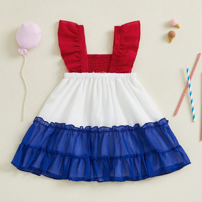 Girls’ A-Line Fly Sleeve 4th of July Dress – Contrast Color Casual Summer Dress for Independence Day Parties & Family Photos