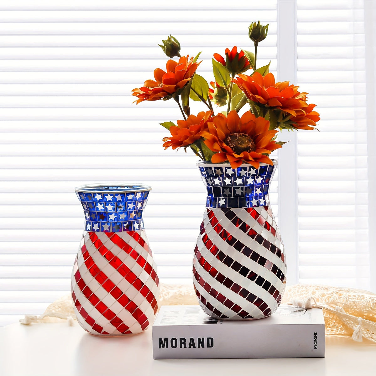 Glam Glass Teardrop Vase – Modern Striped Mosaic Red White Blue Botanical Design, Patriotic Art-Inspired Home Decor for Independence Day, Memorial Day, or Creative Festive Centerpieces