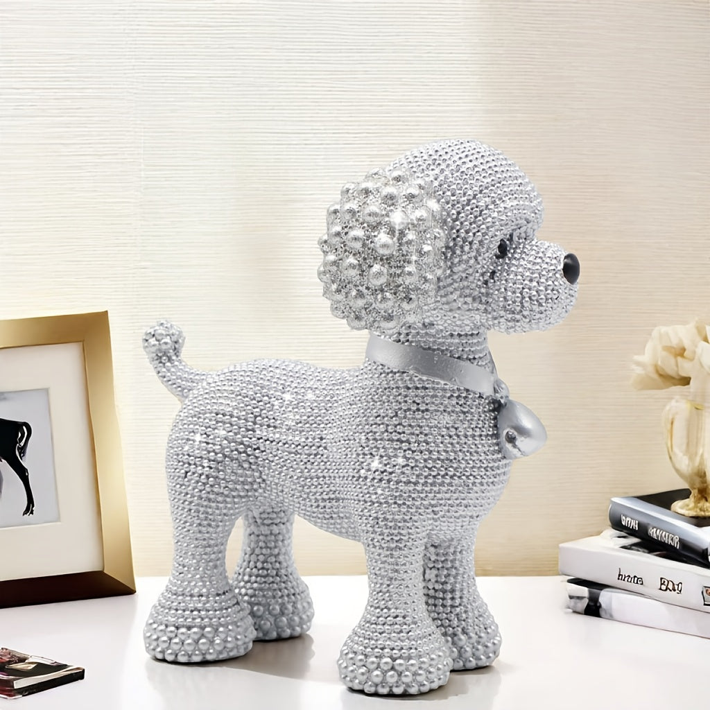 Silver Resin Dog Statue with Bell Detail – Unique Beaded Holiday Table Decor for Gifting, Bookshelves, or Sophisticated Living Room Charm