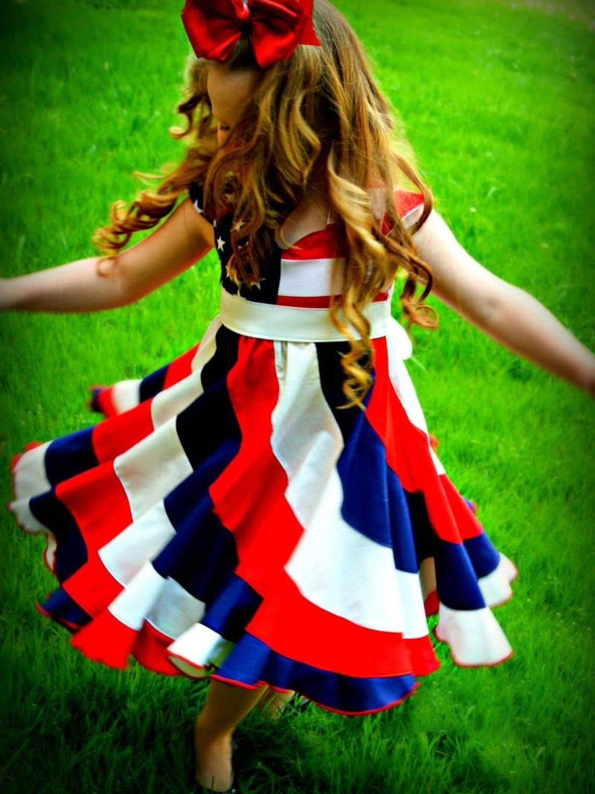Girls’ Independence Day Twirl Dress – Red, White & Blue Stars & Stripes Short-Sleeve 4th of July Summer Dress