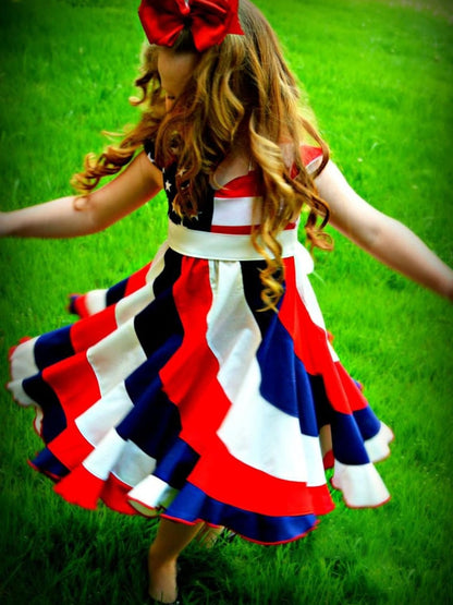 Girls’ Independence Day Twirl Dress – Red, White & Blue Stars & Stripes Short-Sleeve 4th of July Summer Dress