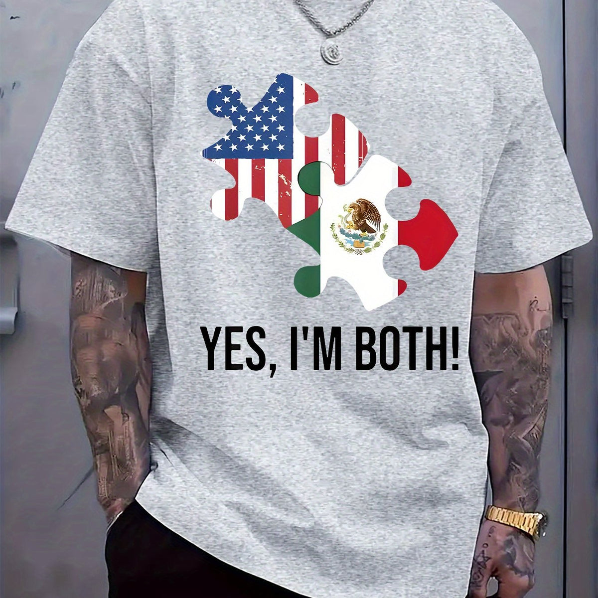 Men’s Dual-Cultural Graphic T-Shirt – Celebrate Heritage with Breathable Casual Tee Featuring USA & Mexico Flag Design for Summer Vibes