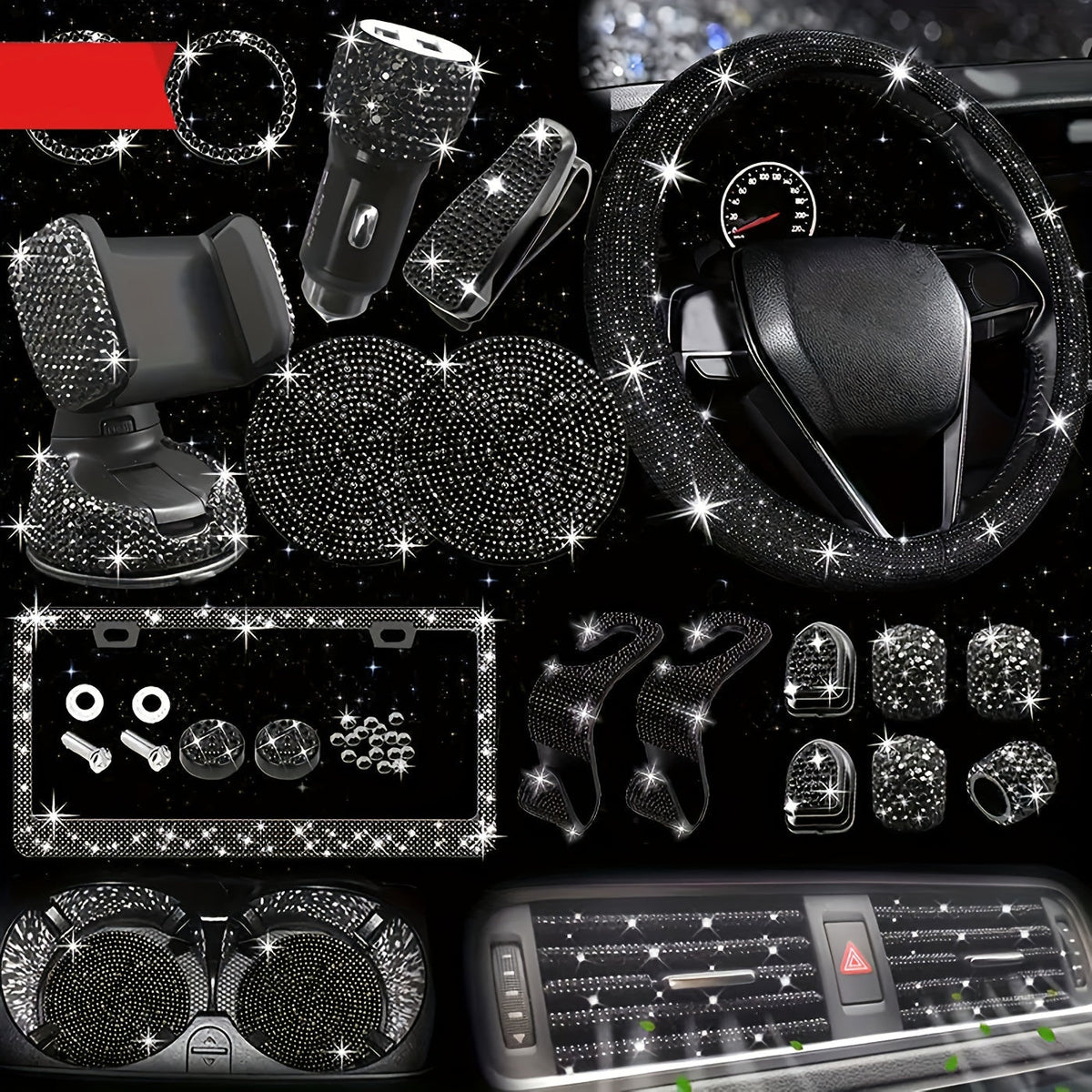 Bling Interior Set for Women with Rhinestone - 27pcs. Luxury Car Accessories for Steering Cover, Crystal Push Start Ring and Gear Trim