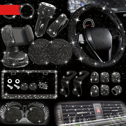 Bling Interior Set for Women with Rhinestone - 27pcs. Luxury Car Accessories for Steering Cover, Crystal Push Start Ring and Gear Trim