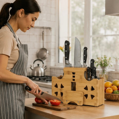 Solid Wood Kitchen Knife Holder Rack – Multifunctional Countertop Storage Organizer for Knives, Chopsticks, Utensils and Modern Kitchen Organization