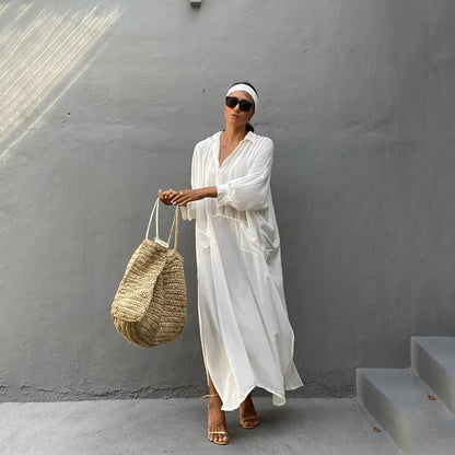 White Swimsuit Cover-Up Maxi Kaftan – Elegant Kimono-Style Beach Dress with Loose Fit, Side Pockets, and Lightweight Summer Tunic for Bathing Suits