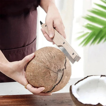 Multifunctional Coconut Knife & Fruit Opener – Stainless Steel Coconut Shell Cutter with Wooden Handle for Safe, Easy Kitchen Food Preparation