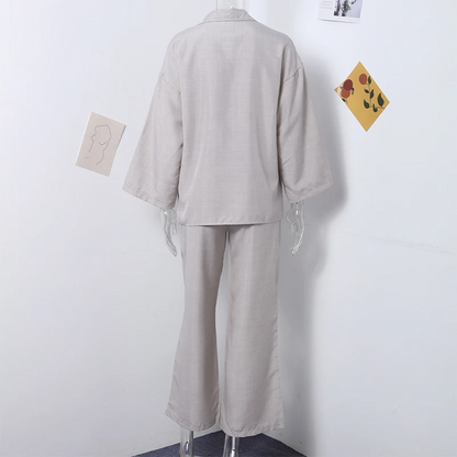 Solid Shirt & Wide-Leg Pants Set – Summer Vintage Streetwear for Women, Button-Down Blouse & Elegant Trousers