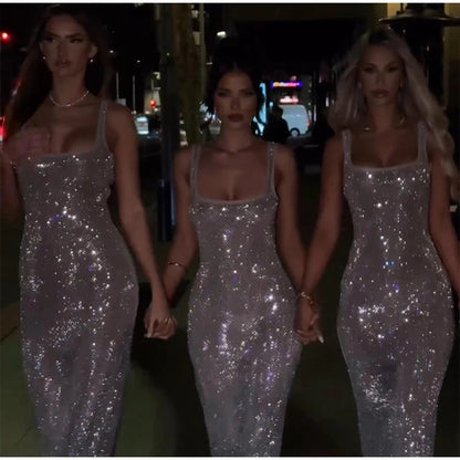 Petra Solid Sequin Glitter Maxi Dress – Elegant Square Collar Sling Dress for Women’s Evening Party Style, 2025 Fashion Statement Piece