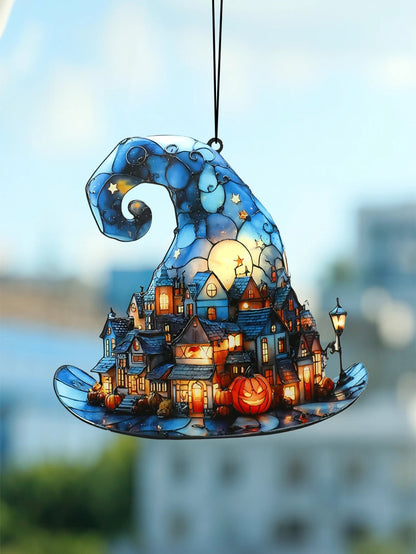 Halloween Witch Hat Hanging Decoration – Acrylic Pumpkin Town Window Pendant Ornament for Bedroom, Living Room, Home, and Party Décor