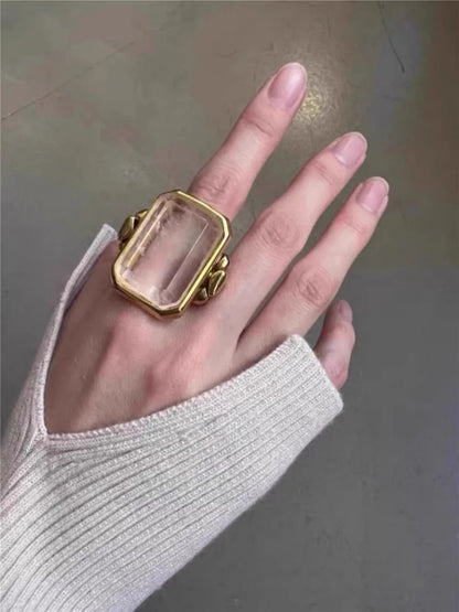 Fashion Square Natural Stone Crystal Ring - 2024 Gold-Plated Brass Jewelry for Women, Light Luxury European and American Style
