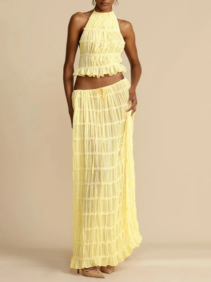 Sexy Two-Piece Hollow Out Set Dress – Backless Lace-Up Crop Top & Long Skirt for Beach & Club Vibes