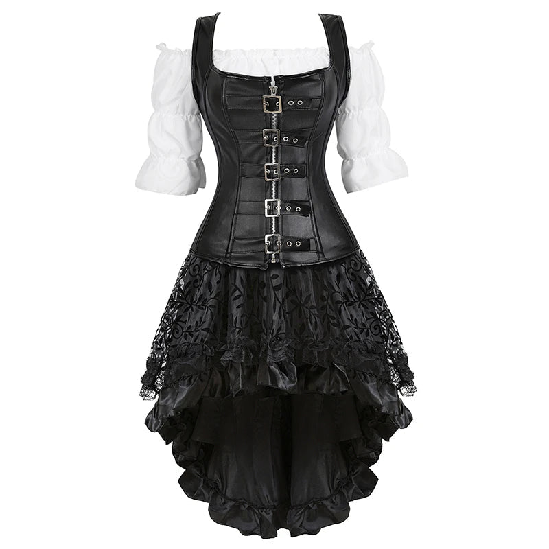 Women’s Pirate Corset Dress – Plus Size Brown Faux Leather Steampunk Costume with Off-Shoulder Blouse for Halloween Party Cosplay